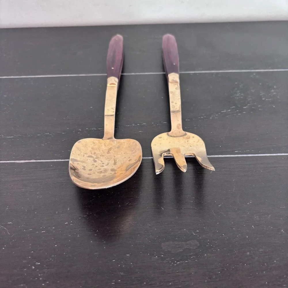 Vintage Brass and Rosewood Salad Serving Set | Spoon and‎ Fork | MCM
